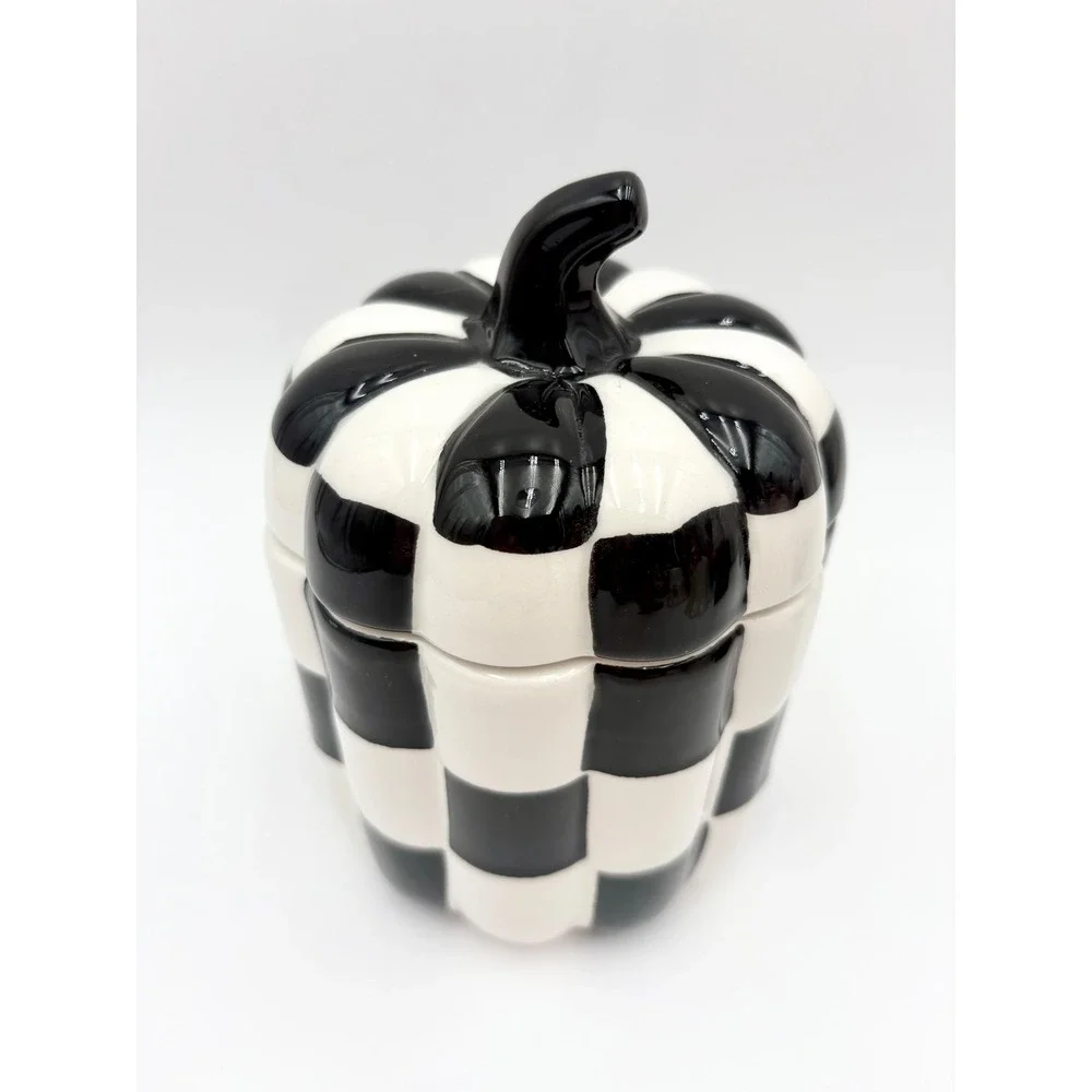 Checkered‎ Pumpkin Jar with Lid Black and White Ceramic Decor Courtly Check